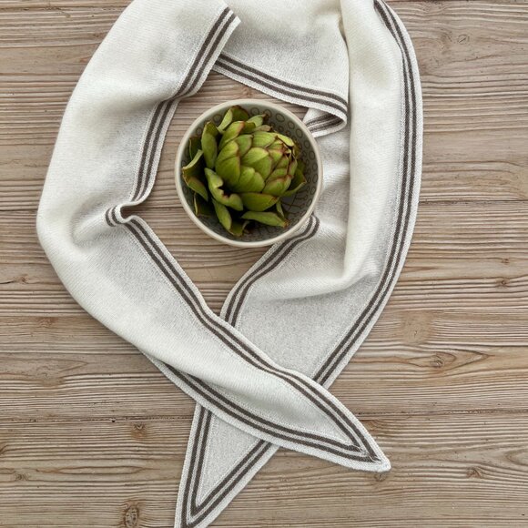 Cashmere Triangle Scarf – Soft Ivory w/ Taupe Stripe | Lightweight Coastal - Picture 3 of 5
